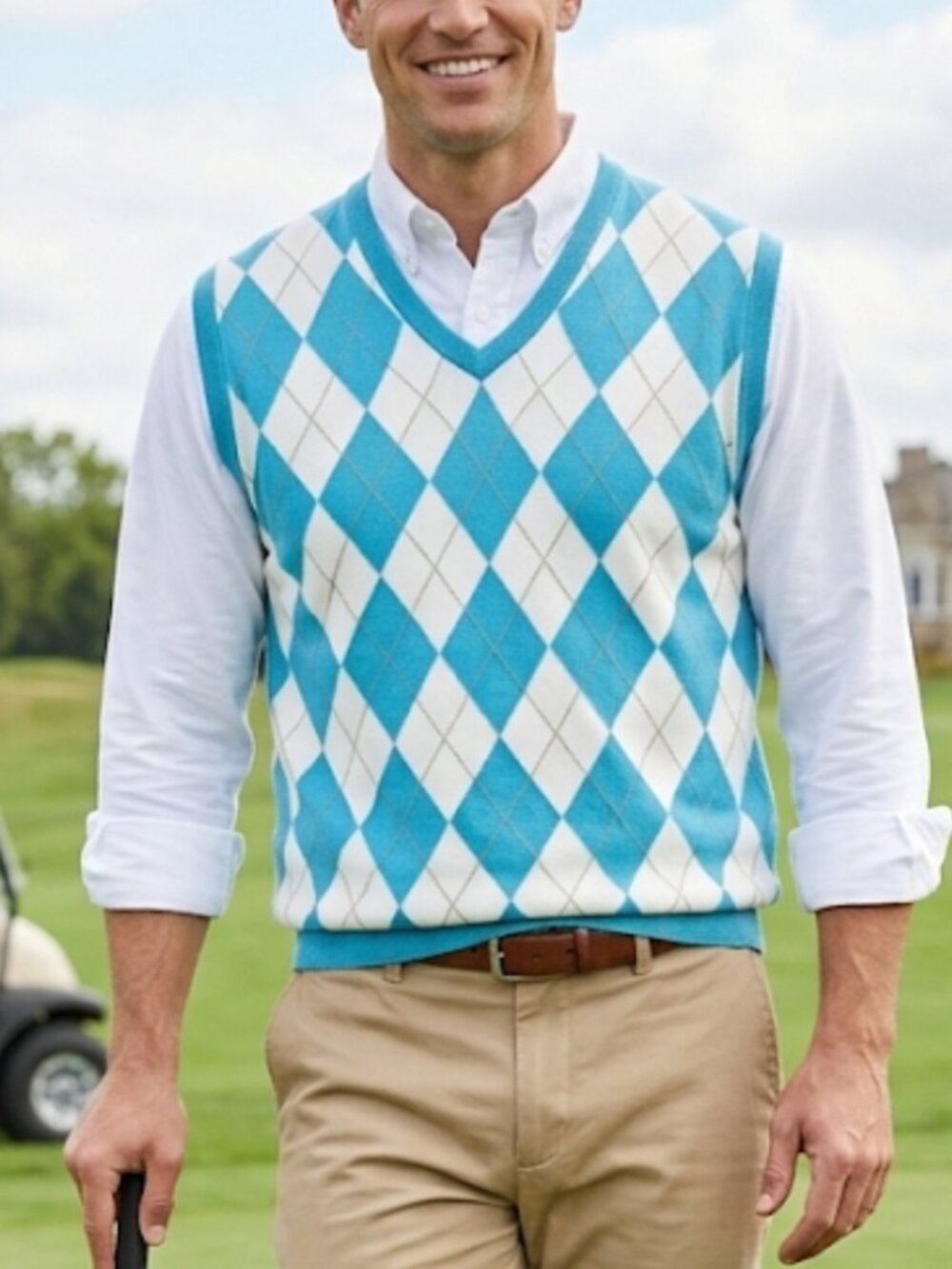 Oxford Golf Men's Argyle Sweater Vest Blue White V-Neck Sleeveless Preppy Sz XL